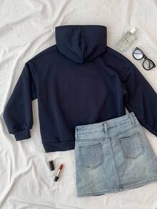 Tween Girls Navy Blue Thermal Lined Thick Letter Print Hoodie Sweatshirt, Casual School Style, Autumn/Winter