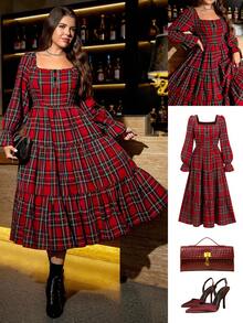 Ellevyn 大码圣诞格子长袖连衣裙 - 紅色 - 查看 2
