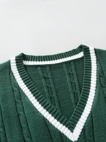 Manfinity Hypemode 男士休闲粗针织V领毛衣背心，秋季 - 墨綠色 - 查看 4