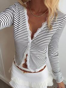 DAZY Striped Lace Ruffle Trim Fitted Cardigan For Women Long Sleeve Women