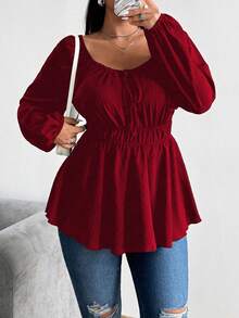 Sunspun Plus Size Drawstring & Elastic Waist Front Button Long Sleeve Shirt Peplum Top - Red - View 1