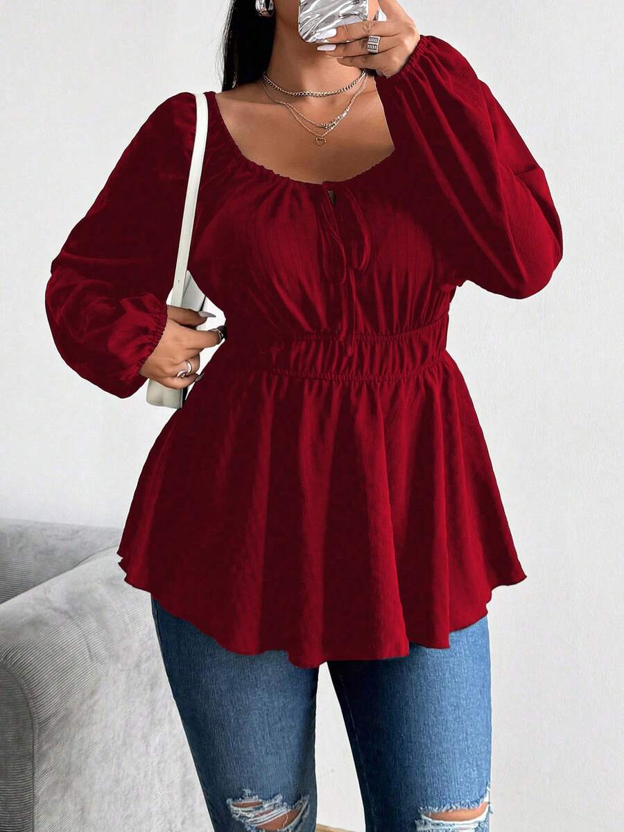 Sunspun Plus Size Drawstring & Elastic Waist Front Button Long Sleeve Shirt Peplum Top - Red - View 1