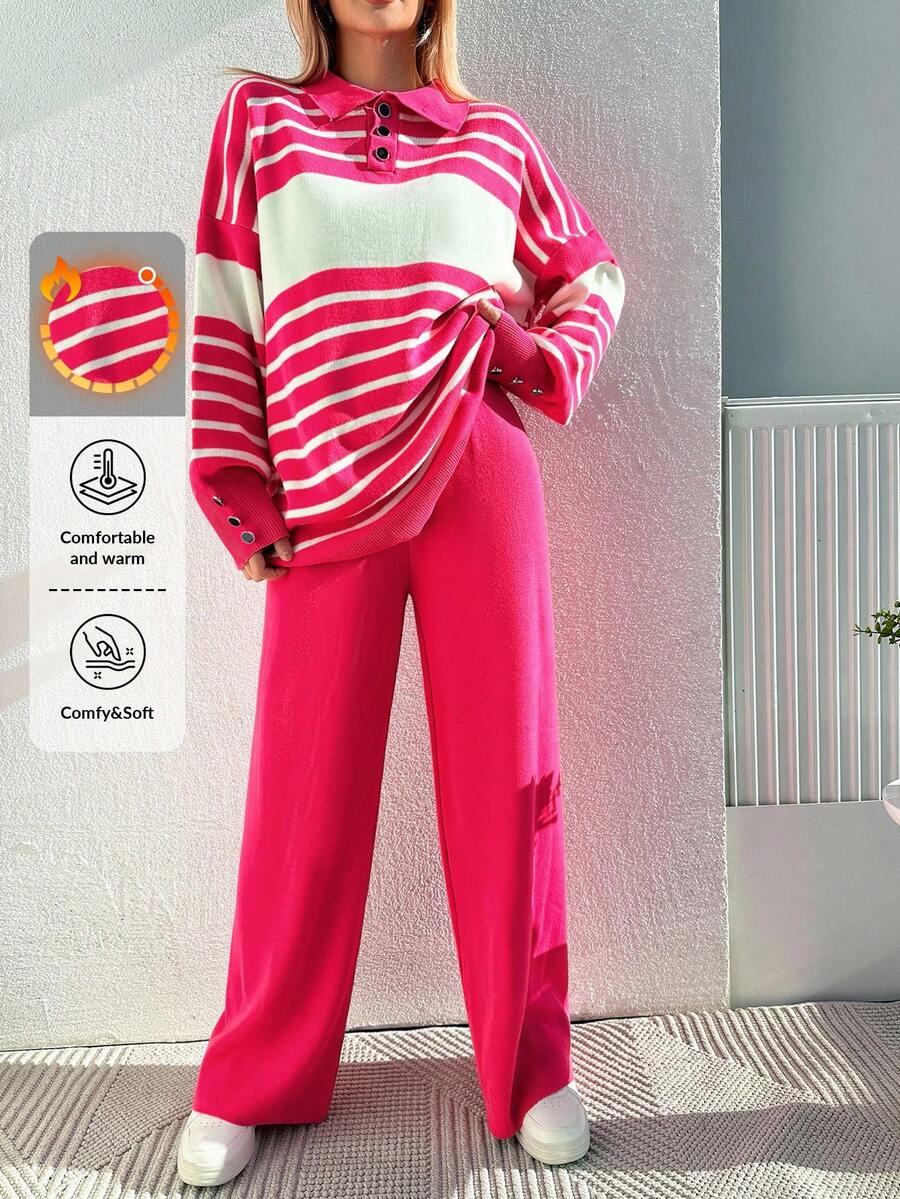 EURMUSE 2pcs/Set Stripe Polo Collar Sweater - Hot Pink - View 1