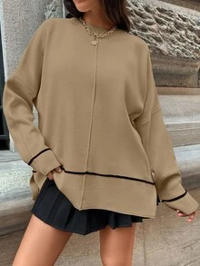 EURMUSE Women's Solid Color Crew Neck Casual Long Sleeve Pullover Sweater - Camel - View 3
