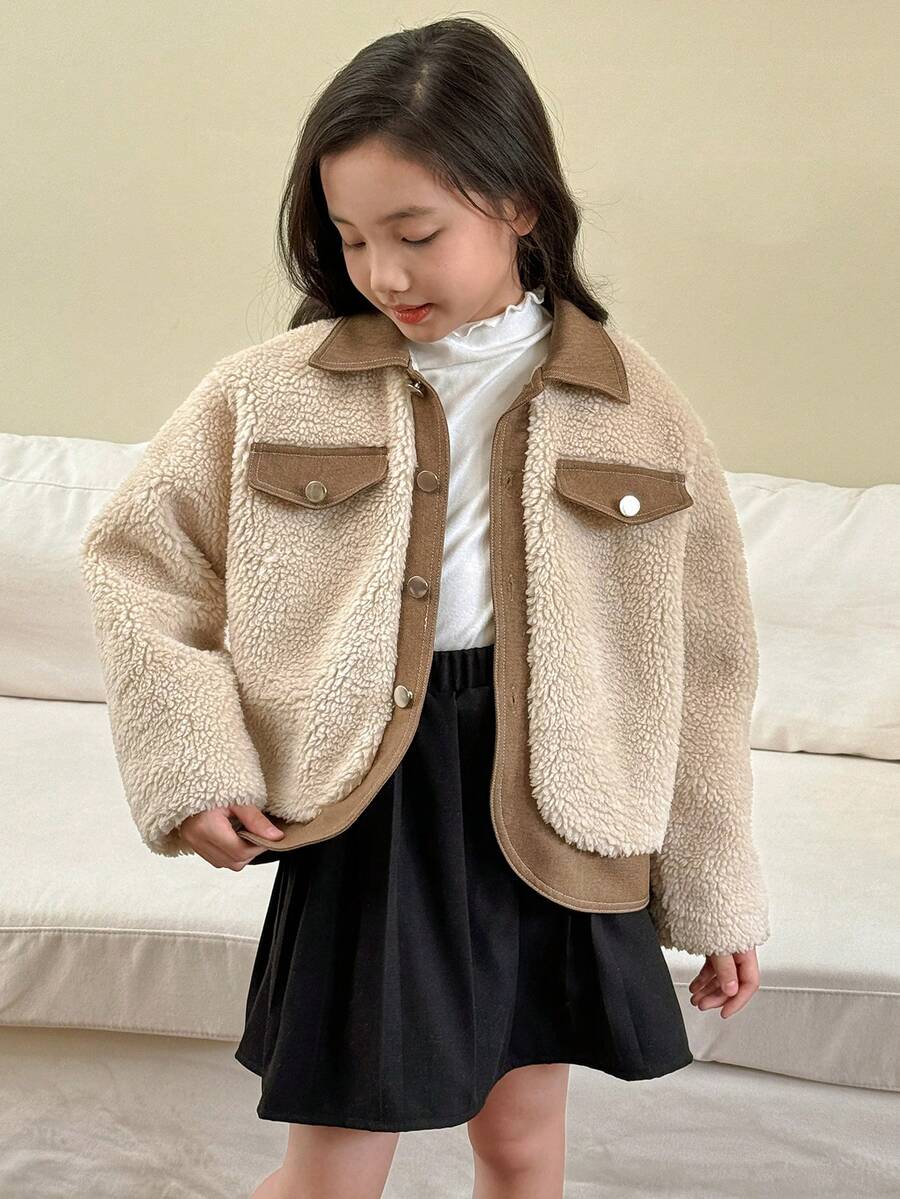 Genkimix Kids 青少年女孩时尚休闲日常通勤拼色泰迪羊毛夹克，秋冬