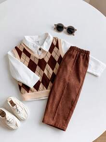 SHEIN 男婴保暖套装，白色长袖衬衫、格子背心和灯芯绒裤，适合室内、户外滑雪、日常穿着、运动、玩耍、聚会、秋冬季摄影等场合。 - 棕色 - 查看 5