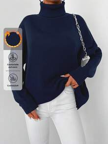 EURMUSE Women's Casual Solid Color Dropped Shoulder Turtleneck Sweater, Winter - Navy Blue - View 1