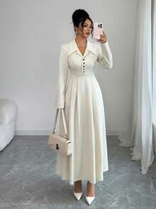 SHEIN Elenzya Damska marynarka z kołnierzykiem, ściągaczem w talii, linia A, elegancka, na co dzień, do pracy, modna, francuska, uliczna, vintage, uniwersalna, świąteczna, imprezowa, noworoczna, biznesowa, beżowa, z długim rękawem, jesień/zima