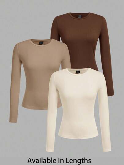 SHEIN Tall CURVE 3pcs/Set Plus Size Women's Round Neck Casual Fitted Long Sleeve T-Shirt Set, Suitable For Autumn/Winter Neutral Tops Women Long Sleeve Tops 3 Packs Tops Full Sleeve Tops Fitted Tops