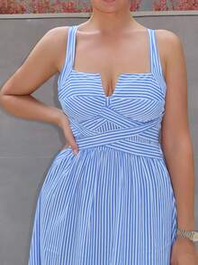 MDEdit Vestido de mujer con cuello en V a rayas y cruzado - Azul - Ver 7