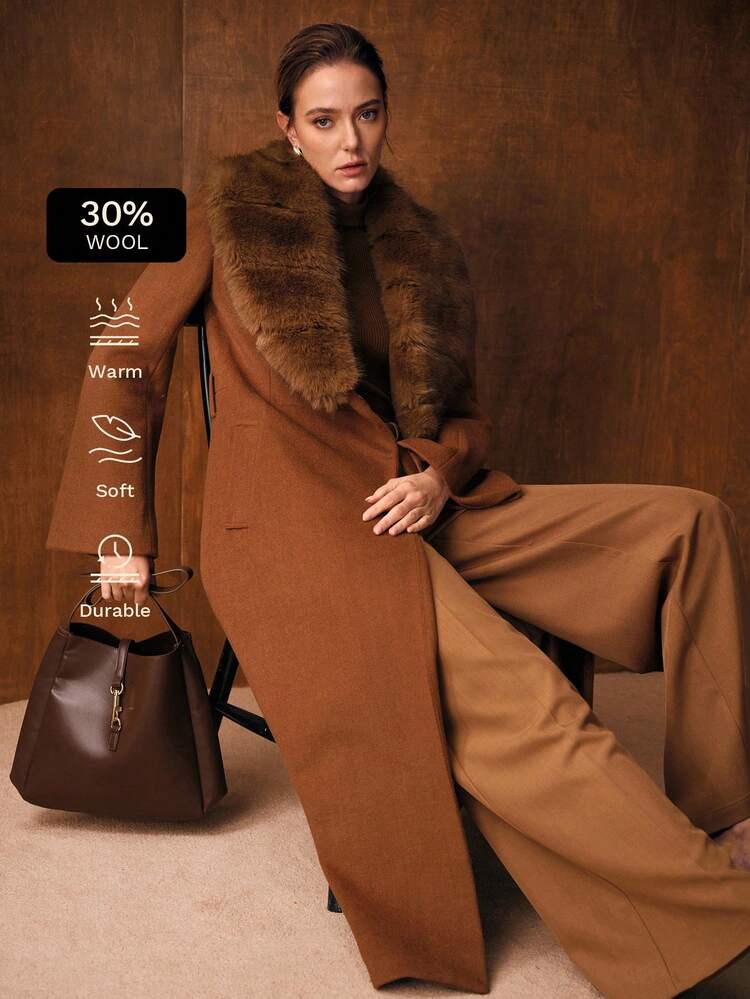 Autumn/Winter Furry Collar Flared Sleeve Tie-Waist Dignified Woolen Coat