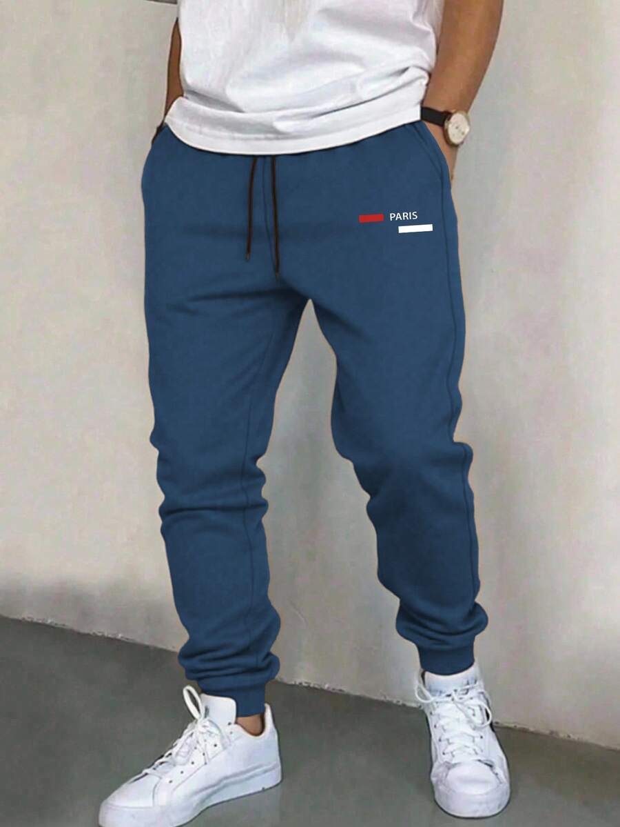 SHEIN Casual Loose Fit Graphic Print Pocket Design Sweatpants For Teenage Boys, Suitable For Daily Casual, Commuting And Sports Wear - Dusty Blue - View 1