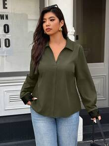 Calvaya Plus Size Elegant Contrast Lace Collared Long Sleeve Shirt, Autumn - Army Green - View 5