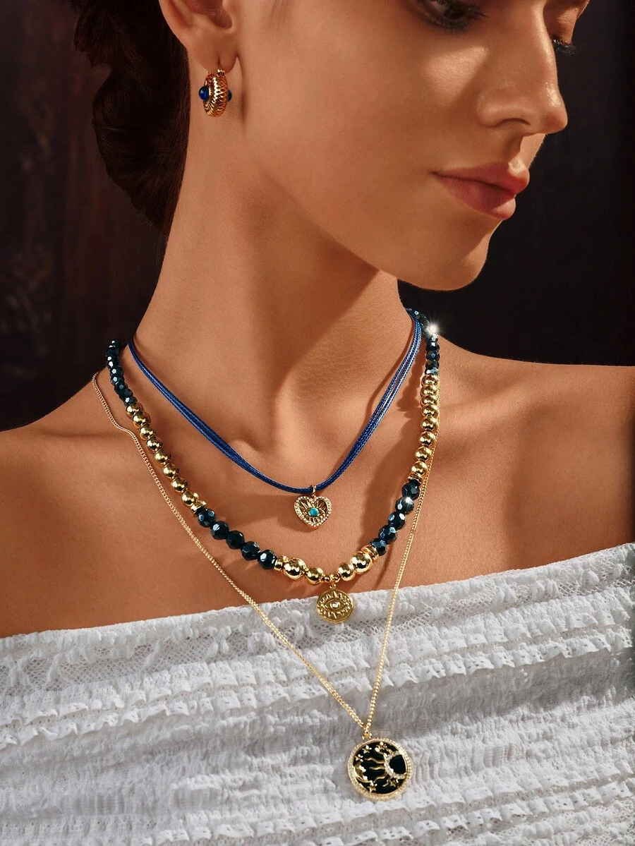 Glisma 3件套18K镀金时尚优雅波西米亚风多层星月吊坠项链 - 彩色 - 查看 1