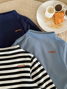 LMoss Kids 3 قطع/طقم تيشيرتات كاجوال للأولاد مخططة وبلون واحد مع طوق مطرز بحرف