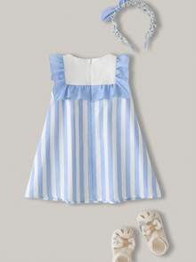 Joliand Joliand 1 Stück Mädchen elegantes City-Stil marineblau und weiß gestreiftes nautisches Grafik-Rüschendekor, luftige, bequeme ärmelloser Lässig Kleid, geeignet für Alltag, Reisen, Strand, Urlaub, Sommer - Verschiedenfarbig - Übersicht 2