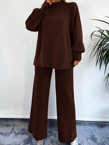 EURMUSE Mock Neck Lantern Sleeve Sweater & Knit Pants - Brown - View 5