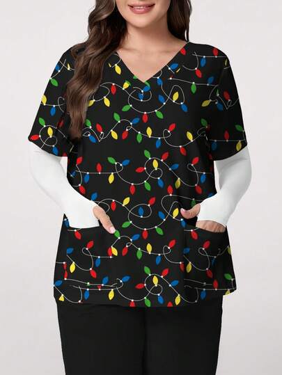 PopScrub Christmas Colorful Lights Allover Print Plus Size Women V-Neck Short Sleeve Scrub Uniform Top