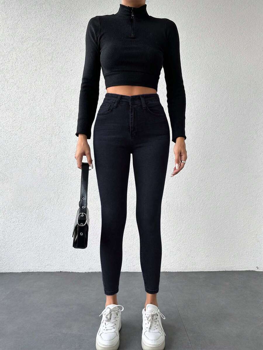 EURMUSE Tall 97 Cotton Solid Skinny Cropped JeansWide Leg Baggy Jeans Holiday Everyday Plain Black Autumn Casual