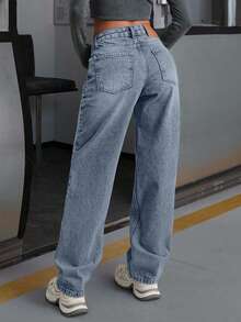 EURMUSE WOMEN LOW WAIST STRAIGHT Y2K WASH STREET WEAR - Dark Wash - View 2