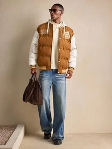 AKNOTIC Business Casual Manteau à capuche à manches longues avec blocs de couleurs pour homme, pour l'hiver - Marron - Voir 3