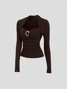 Sweetra Nueva camiseta de mujer de otoño con botón metálico decorativo y calado