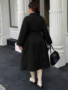 Easura Plus Size Solid Color Overcoat, Autumn/Winter - Black - View 2