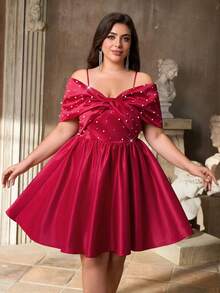 Aureia Robe élégante en satin rouge à nœud surdimensionné, manches avec décoration de perles, nœud et bretelle avant, ourlet en forme de A, convient pour les fêtes, les galas, les bals de Noël, grande taille pour femmes