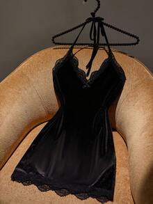 SilkySpell Váy ngủ hở lưng bằng nhung gợi cảm phối ren cho nữ - màu đen - Xem 8