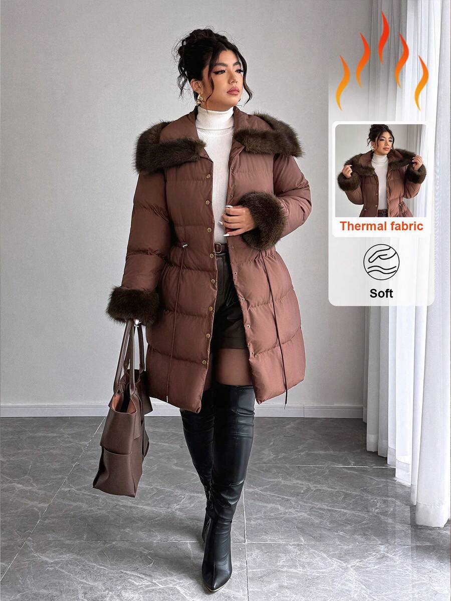 Elenzga Casaco Longo Acolchoado com Colarinho de Pele, Cintura com Cordão, Retalhos, Casual Plus Size, Outono/Inverno