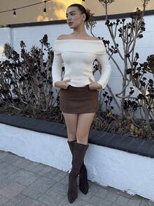 Andrea Bello Off Shoulder Fold Over Sweater,Long Sleeve Tops Knit Pullover Fall Winter Outfit