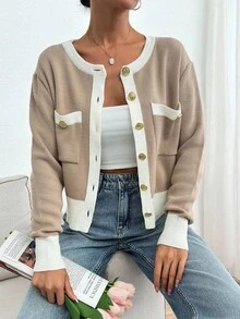 SHEIN Cottnline كارديجان كاجوال للنساء بأكمام طويلة منسدلة وأكتاف مربع ومصنف ولون قطعي، مناسب للخريف والشتاء - بيج - مشاهدة 5
