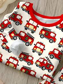 SHEIN Baby Jungen Lässig bequemer süßer Stil Cartoon Auto Muster eng anliegende Langarm Rundhals Hose Pyjamas, geeignet für Herbst/Winter