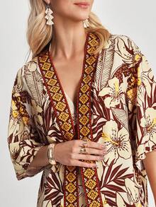 CAJUNI Women's Loose Batwing Sleeve Kimono Robe With Khaki, Yellow, Seashell Elements And Tropical Floral Print, Suitable For Vacation