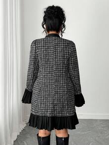 Elenzga Plus Size Women's Elegant Plaid Print Tie Collar Ruffle Sleeve Pleated Hem Belted Midi Dress, Autumn Fall - Black and White - View 2