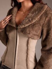 TRNVIE 1pc Women's Regular Jacket, Brown Faux Fur & Suede Patchwork, Waist Cinched, Lapel Collar, Casual Retro - Brown - View 1