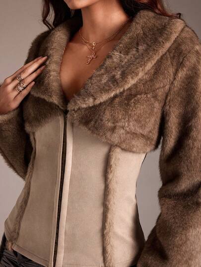 TRNVIE 女士常规款外套，棕色人造毛皮和麂皮拼接，收腰设计，翻领，休闲复古风