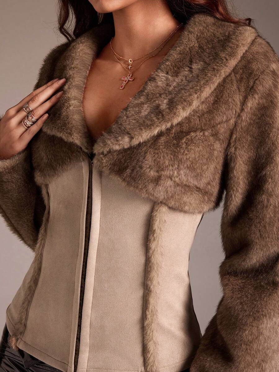 TRNVIE 1pc Women's Regular Jacket, Brown Faux Fur & Suede Patchwork, Waist Cinched, Lapel Collar, Casual Retro - Brown - View 1