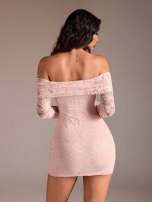 TRNVIE 1 szt. Damska mini sukienka, jasnoróżowa, odkryte ramiona, węzeł skręcany, metalowy guzik, koronkowy długi rękaw, odpowiednia do pracy, na co dzień, na randkę, na imprezę