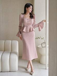 DAZY 女式优雅条纹荷叶边泡泡袖中长连衣裙，秋季 - 粉色 - 查看 6