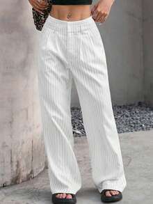 SHEIN EZwear Quần ống rộng kẻ sọc thường ngày cỡ lớn dành cho người đi làm - trắng - Xem 5
