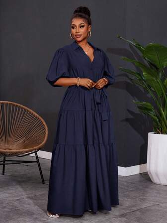 SHEIN CURVE+ 2025 Plus Size Dam Enfärgad Kortärmad Vårklänning med A-linjeformad Rynkad Panel, Curve Plus, Hoho Vacation