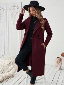 SHEIN Tall CURVE 大码女式经典休闲简约高领系带纽扣装饰口袋中长款秋季女式长款外套 冬季女式长款外套 - 酒紅色 - 查看 3