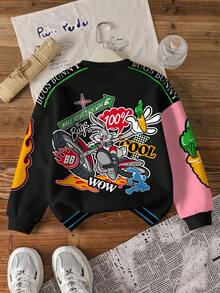 LOONEY TUNES X SHEIN 青少年男孩休闲拼色兔子和字母印花圆领运动衫，秋季 - 白色 - 查看 2