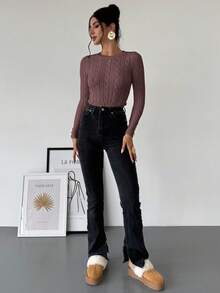 Firerie 女式优雅休闲学院风百搭白色圆领麻花针织纽扣装饰修身毛衣 - 棕色 - 查看 5