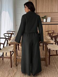 Weeklong 大码女式纯色翻领长袖外套和褶裥连体裤优雅两件套，秋季 - 黑色 - 查看 2