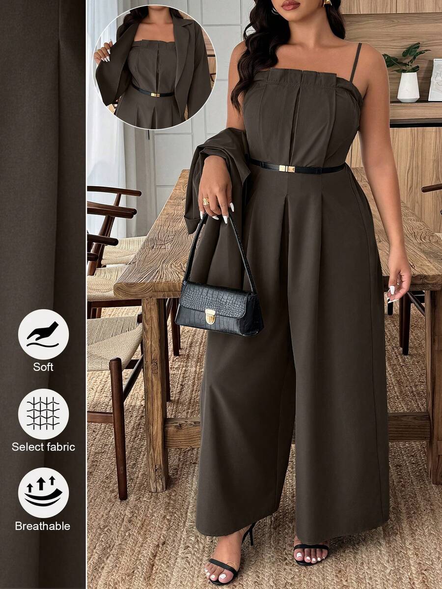 Weeklong 大码女式纯色翻领长袖西装外套和褶裥阔腿连体裤休闲两件套，秋季 - 咖啡棕 - 查看 1