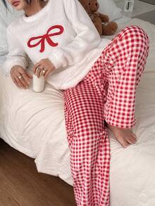 女士清新舒适长袖圆领上衣，饰有蝴蝶结刺绣，搭配格子裤睡衣套装，女士睡衣套装，蓬松冬季服装 - 彩色 - 查看 3