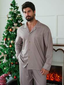 DAZY Men's Striped Shirt And Elastic Waist Pants Loungewear Set, Autumn, New Year, Christmas, Winter Clothes - Multicolor - View 5