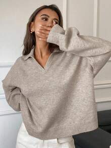 DAZY 女式宽松纯色翻领长袖套头衫休闲街头针织毛衣，秋冬 - 淺灰色 - 查看 4